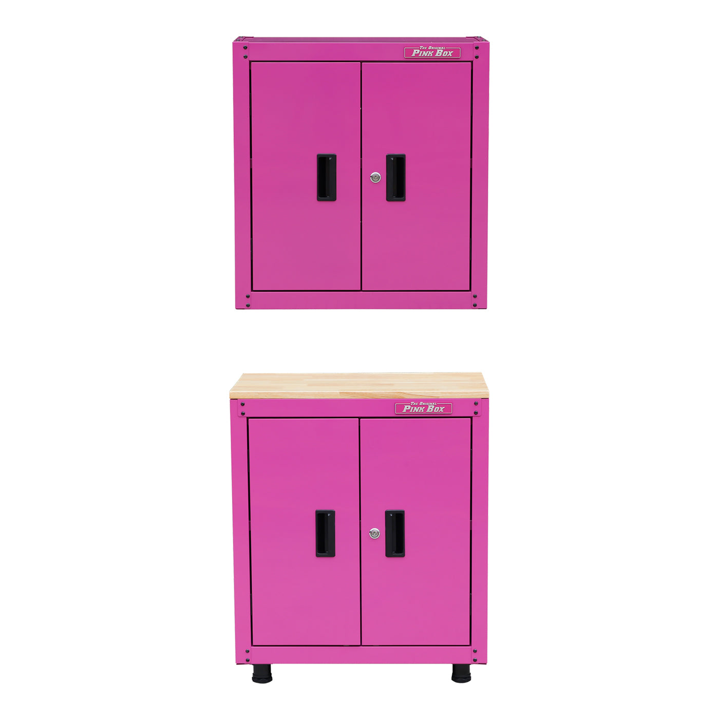 The Original Pink Box 28-inch pink wall cabinet and base cabinet with wood top bundle
