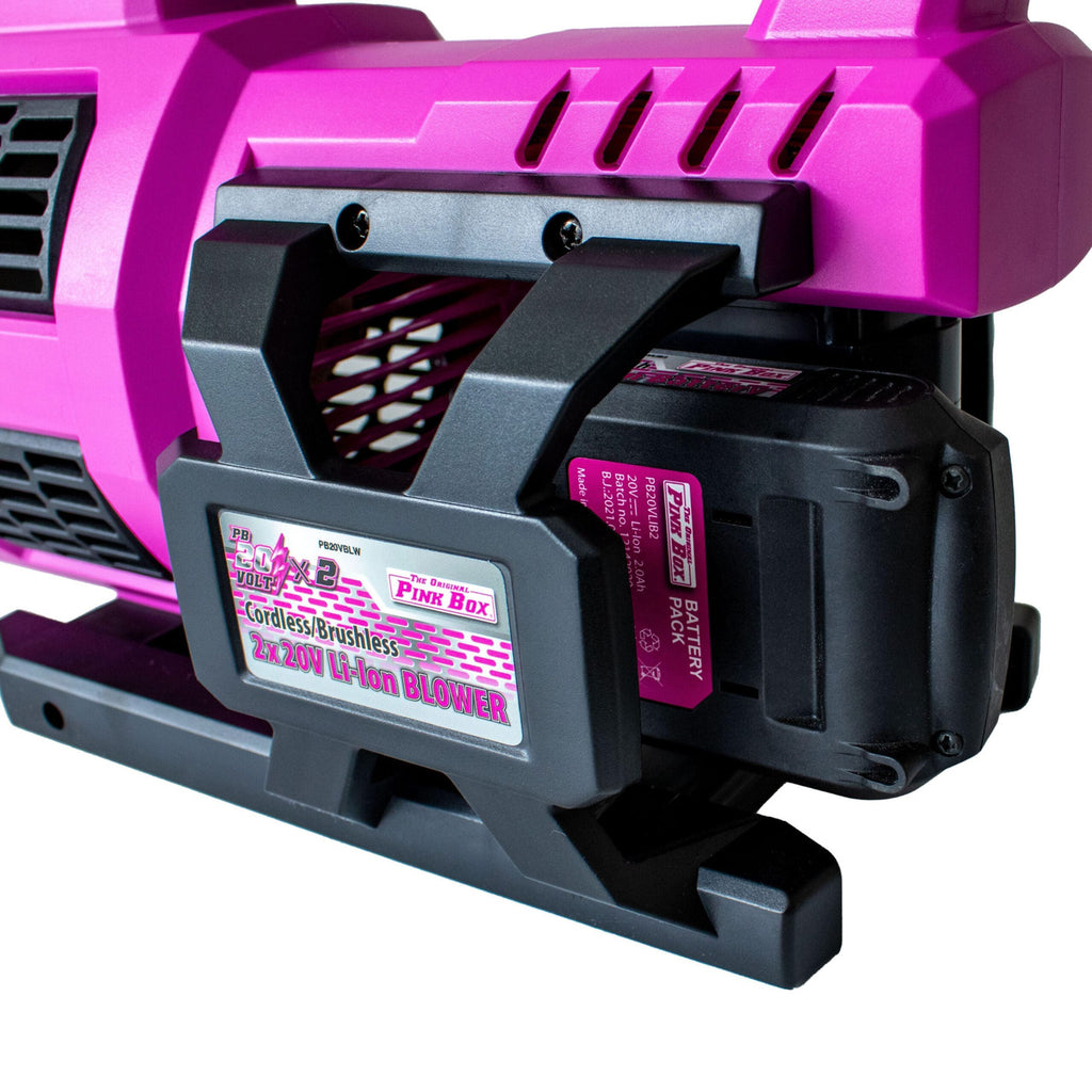 Close-up of slide-on battery system on The Original Pink Box leaf blower
