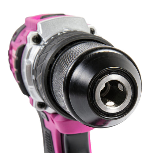 Close-up view of the 1/2-inch keyless chuck on a pink and black cordless drill