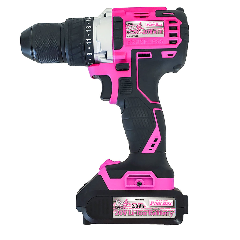 The Original Pink Box 20-volt 1/2-inch brushless cordless drill with 2Ah battery installed
