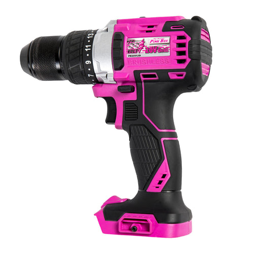 The Original Pink Box 20-volt 1/2-inch brushless cordless drill in pink and black, bare tool