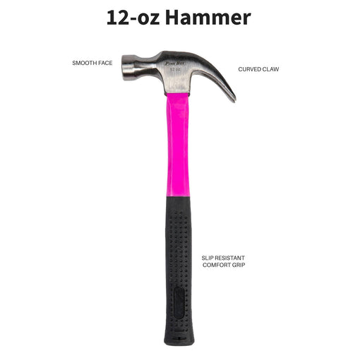 12 oz claw hammer with pink handle included in 40-piece household tool kit